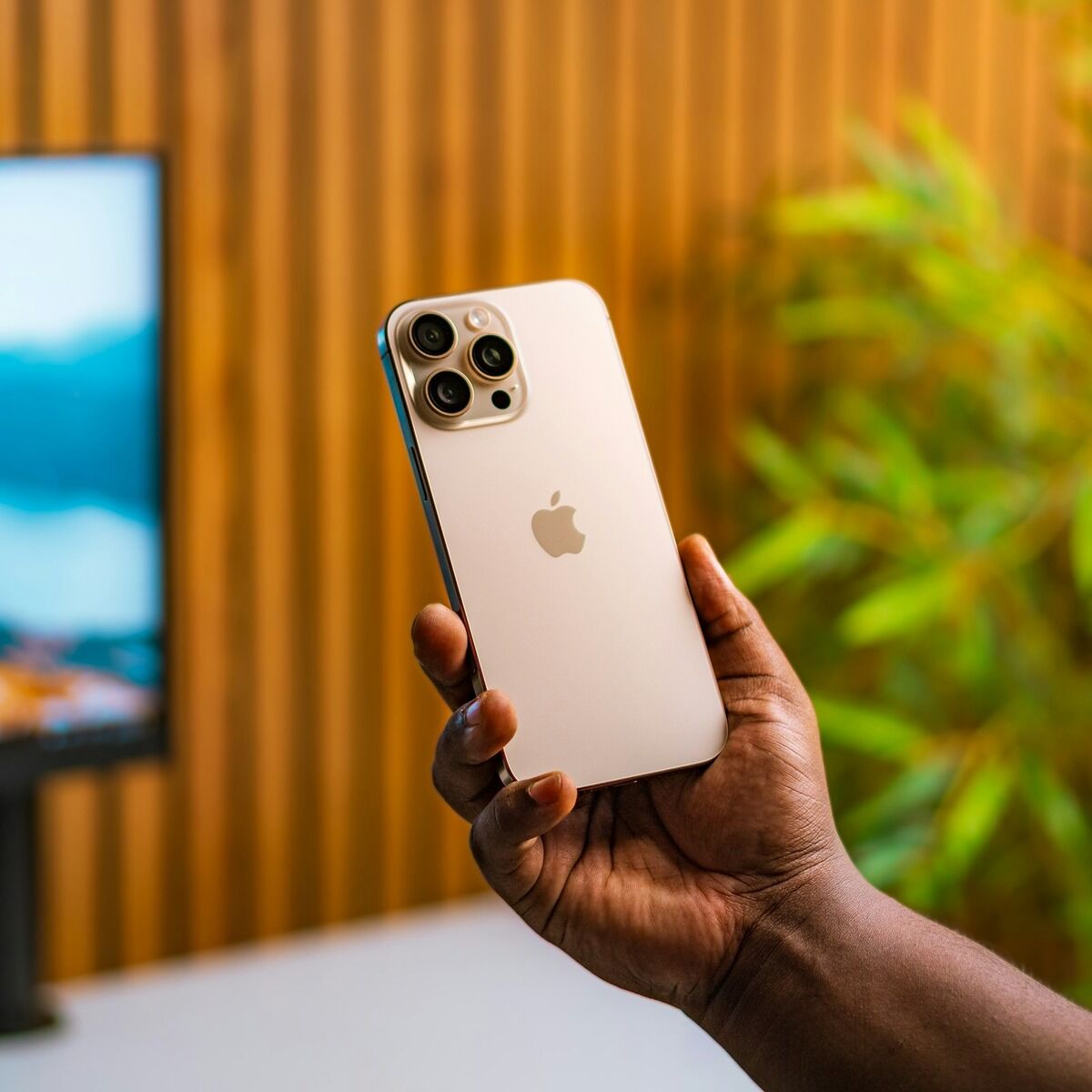 Personne tenant un iPhone face à un téléviseur allumé