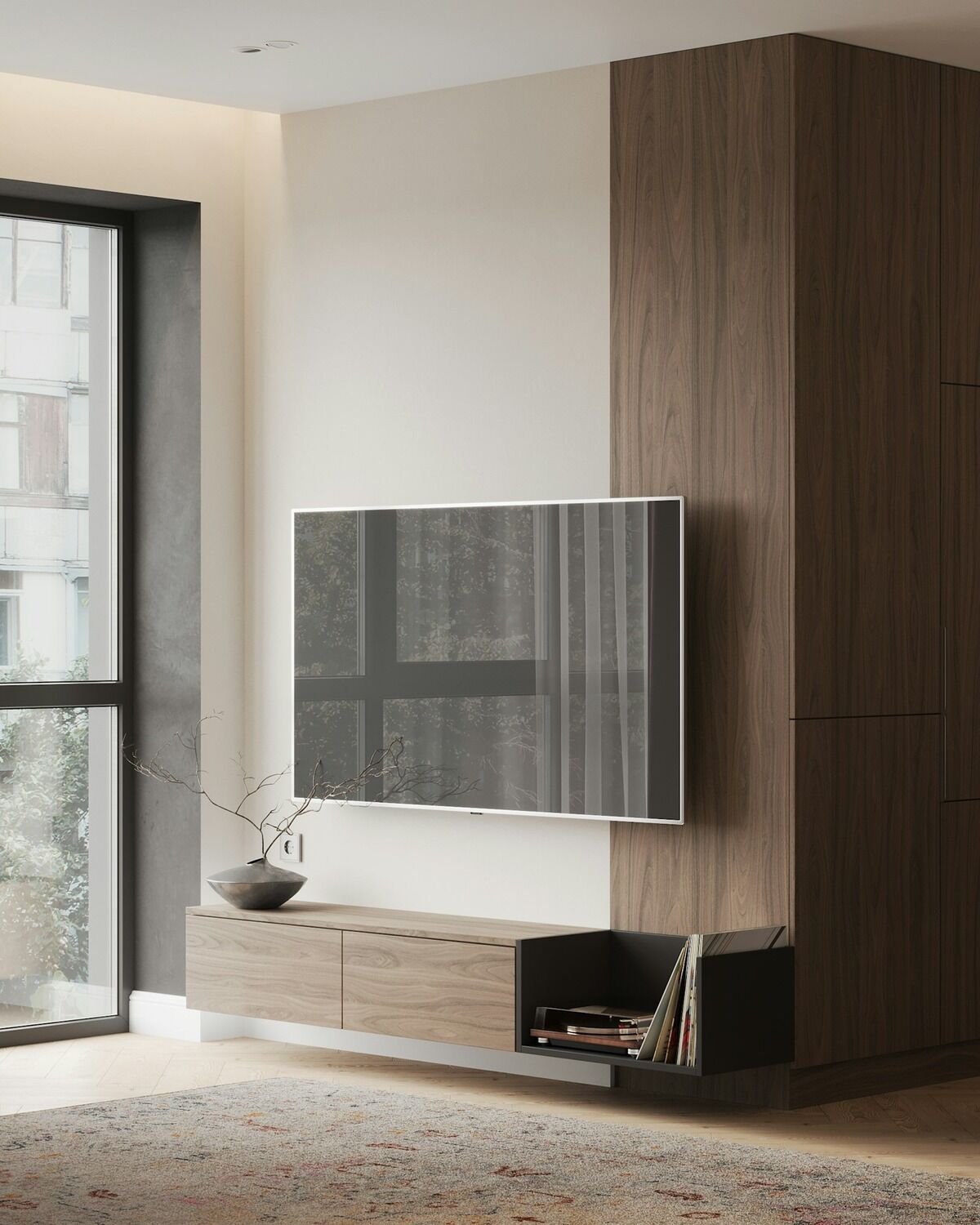 Salon contemporain avec une grande télévision fixée au mur